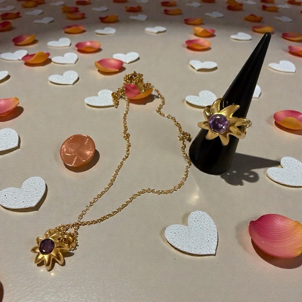 Gold 925 and Purple Sunflower Jewelry Set Chain: 18” Ring: 8